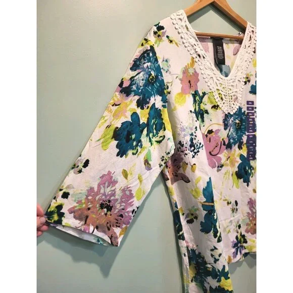 New Multicolor Floral Linen Blend V Neck 3/4 Sleeve Tunic Top Sz 2X - Picture 3 of 6